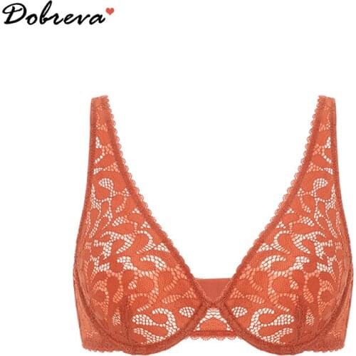 DOBREVA Womens Unlined Lace Bra Sexy Plunge Bralette Underwire Plus Size A-F Cup