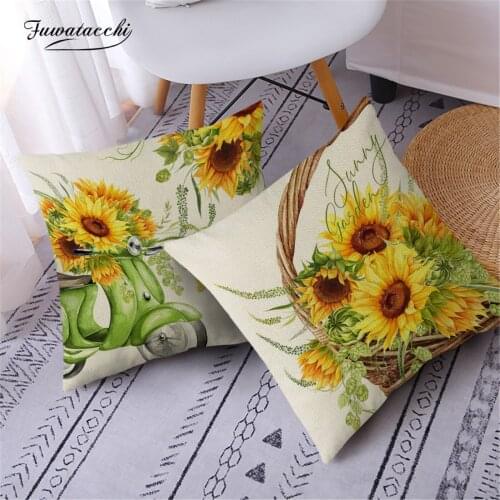 Fuwatacchi Yellow Flower Painting Cushion Cover 45x45cm Sunflower Linen Material Pillow Cover Suite for Room Sofa Car Bay Window