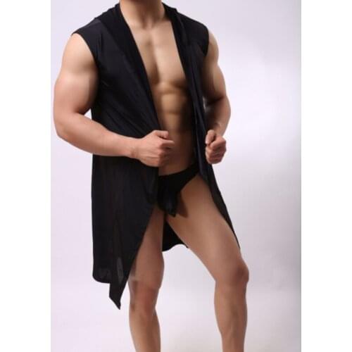 Mens New Hooded Sleeveless Sexy Thin Bathrobe, Fashionable, Smooth, Comfortable And Breathable Large Size Bathrobe