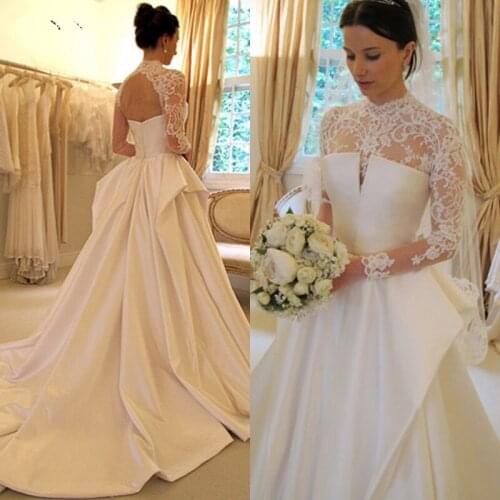 Long Sleeve Lace Dress A-Line Wedding Dresses Satin Robe Mariage Mariee Vestido De Noiva Bridal Gown