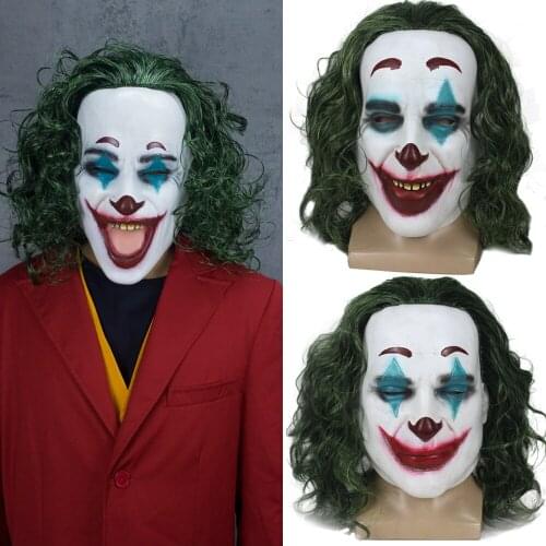 Clown Joker Latex Mask Halloween Costume Headgear Horror Scary Masks With Green Hair Wig Full Head Cosplay Props
