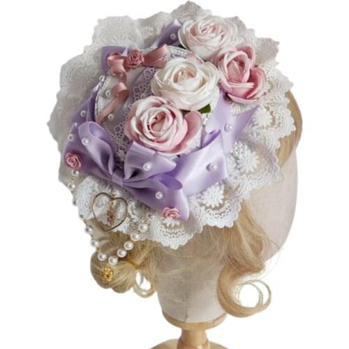Japanese Lolita Sweet Lace Top Hat Pearl Beaded Bowknot Rose Flower Bonnet Flat Cap Vintage Party Cosplay Hair Accessory