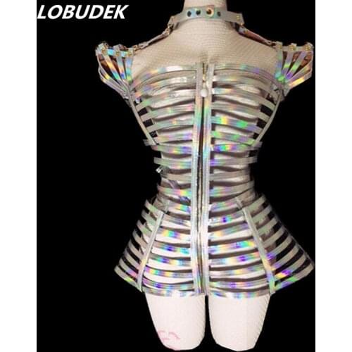Nightclub bar new female sexy costumes silver Laser mirror bodysuit hollow jumpsuit model catwalk stage wear team dance show DJ