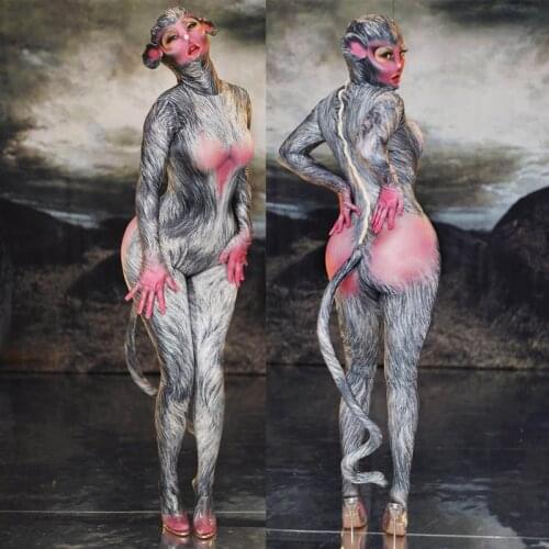 Halloween Monkey Role-playing Performance Clothes Cartoon Cosplay Costume Stretch Skinny Hooded Jumpsuit Club Party Stage Wear