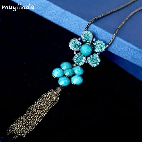 Retro Charm Tassel Flower Necklace Antique Metal Chain Sweater Necklace For Women Jewelry