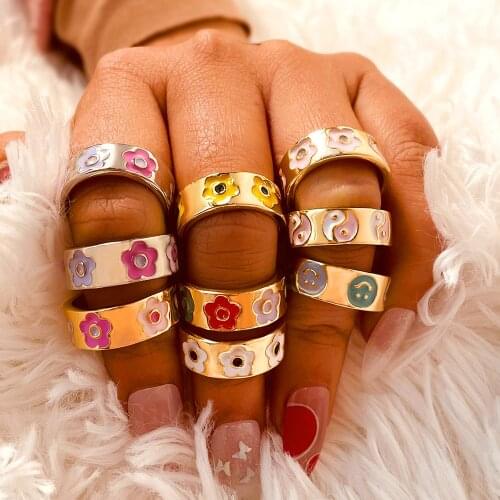 JUST FEEL Girls Multicolor Enamel Smile Rings Flowers Yin Yang Stars Ring Cute Sweet Spring Fine Lucky Jewelry For Women Gift