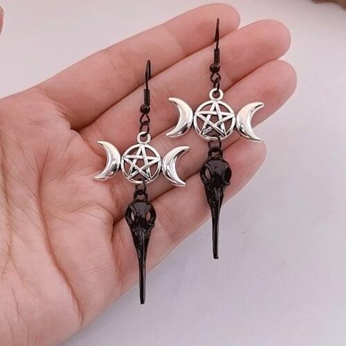 Triple Moon Bird Crow Skull Earrings,Witch Pagan Gothic dangle earrings,pentagram,Punk Earring Halloween Party Gifts Wiccan Gift