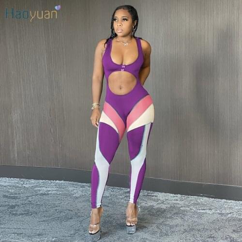 HAOYUAN Sexy Patchwork Bodycon Jumpsuit for Women Summer Clothing Tracksuit Rompers Fitness Wear Hollow One Piece Club Outfits