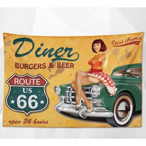 Diner BURGERS & BEER Nostalgic Retro Hanging Cloth Wall Chart Vintage Beer Day Poster Wallpaper Banner Flag for Beerfest Decor