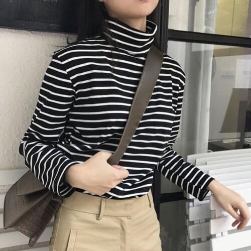 Women Tee Shirt 2019 Autumn New Harajuku Striped T-shirt Long Sleeve Turtleneck T shirt Female Casual Tops