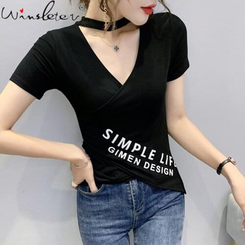 Summer European Clothes Cotton T-Shirt Sexy Hollow Out Split Print Letter Women Tops Short Sleeve Pullover Tees New 2021 T17309A