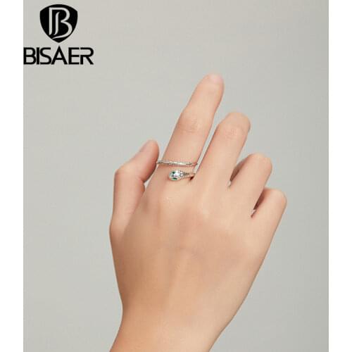 Bisaer 925 Sterling Silver Snake Open Ring for Women Zircon Simple Finger Rings Authentic Silver Wedding Jewelry Anel EFR169