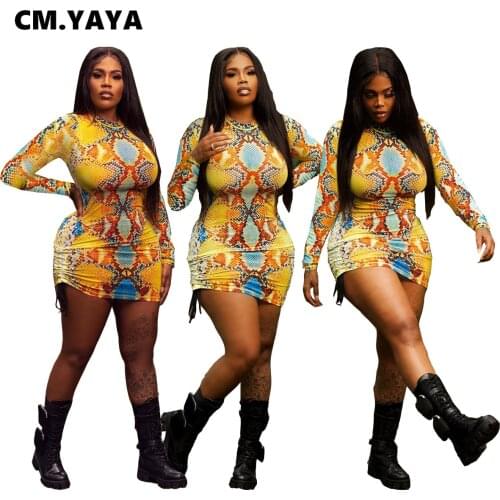 CM.YAYA Sheath Snake Skin Pattern Print Women Bodycon Dress Elastic Full Sleeve Mini Dresses Side Drawtring Streetwear Fall 2021