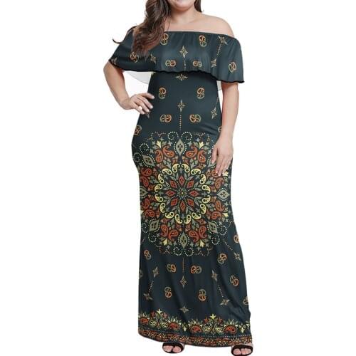 2021 Fashion dress New Arrivals Bandana Dress Printed Comfortable half shoulder Long Dress Summer Lady Plus Size Dress Custom
