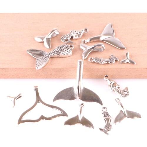 15Pcs/Lot Mix Ocean Whale Fish Tail Charms Making Metal Sea Mermaid Tail Pendant Necklaces Jewelry Wholesale