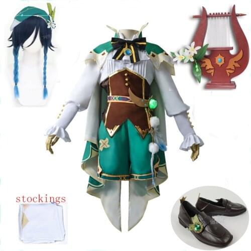 Anime Game Genshin Impact Cosplay Venti Costume Party Dress With Wig Adult Women Halloween Carnival Cos Clothing Outfit
