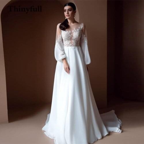 Thinyfull New O Neck A-line Wedding Dresses Lace Flower Chiffon Long Puff Sleeve Bridal Gowns Floor Length Vestido De Noiva