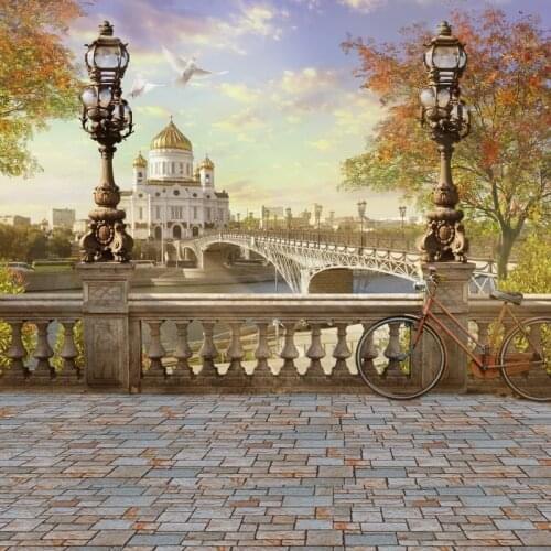 Laeacco Vintage Town Church Platform Bridge Biycle Wallpaper Scene Photo BackgroundsPhotography Backdrops Photocall Photo Studio