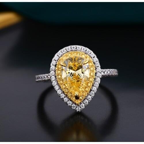 LESF 925 Sterling Silver Ring Pear Cut Very Shiny Simulation Yellow Diamond Wedding High-end Jewelry