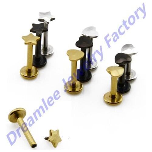 Lot Of 60pcs Anodized Stainless Steel Star Heart Shape Labret lips Rings Stud Gauging Pirecing Kit Body Jewelry