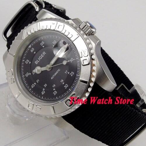 Bliger 40mm MIYOTA mechanical auto watch men waterproof dive pilot nylon strap black dial silver date luminous sapphire 136