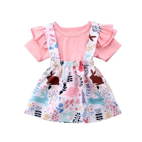 Fashion Toddler Baby Girl Clothes Cotton Short Sleeve Print Tops+Animal Print Strap Tutu Dress Outfits Set 2PCS
