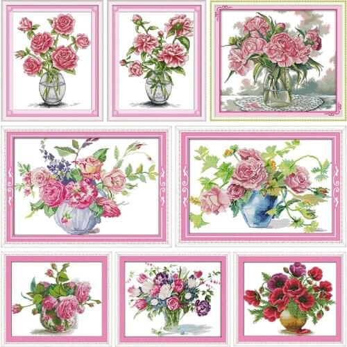 Joy Sunday Roses In Vase Counted Cross Stitch Kit 11CT 14CT Stamped Printed Embroidery Needlework Handmade Decoration Gifts Sets