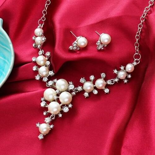 New Simulated Pearl Wedding Bridal Jewelry Set Classic Clear High Quality Crystal Charm Gift Gold Silver Plated White Pearls Set