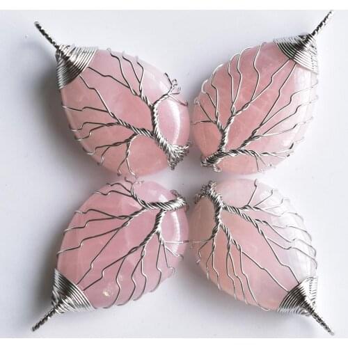 Wholesale 4pcs/lot white Color Wire Wrap handmade tree of life drop shape natural pink quartz stone pendants free shipping