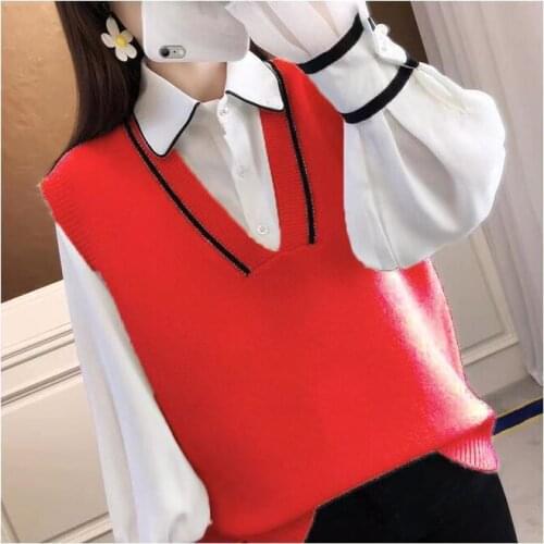 2021 Autumn Womens Knitted Vest Sweater Vest Loose Outside Simple Short Style To Show Thin Korean Girls' College Style Red