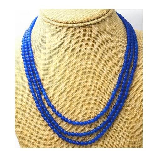 New Fashion 3 rows 4 mm blue sapphire bead necklace 17-19 "