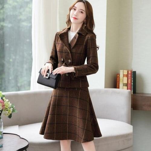Autumn winter high quality women blazer shorts suit tweed 2 piece set double breasted jacket plaid woolen skirt set