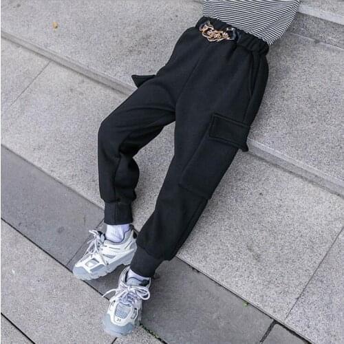 Girls pants winter boys and girls black warm lining pocket loose pants teen kids thicken trousers children clothing 10 12 14T