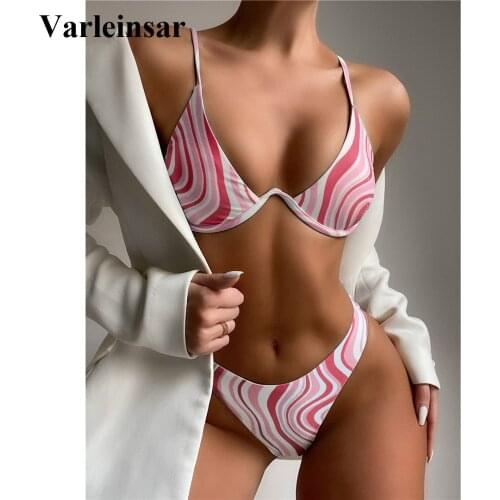 XS -L Striped V-Bra Underwired Bikini Female Swimsuit Women Swimwear Two-piece Bikini set V Shape Wire Bather Bathing Suit V3031