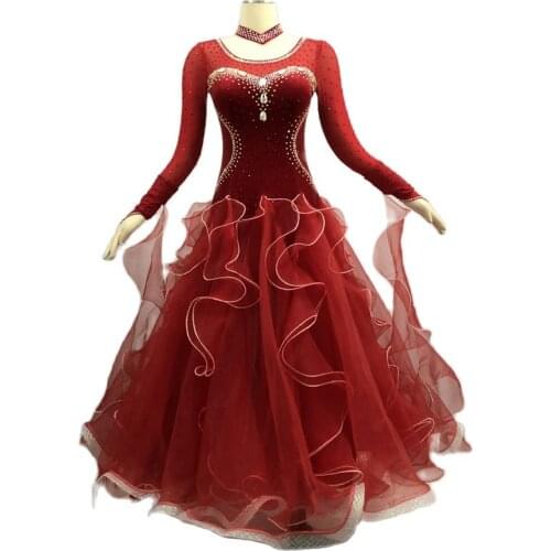 Costumes Ballroom Dance Dress Of Women Competition Dresses Standard Dress For Red Dancing Clothes Long Sleeve