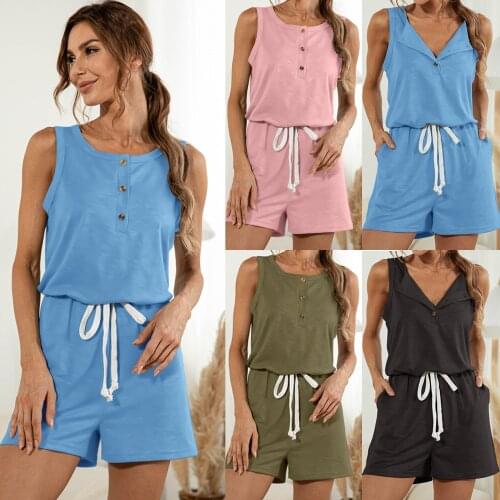 Spring Summer Rompers&Playsuits 2021 Casual Jumpsuits&Rompers Solid Color Sleeveless Playsuit Button One-piece Overall Pocket