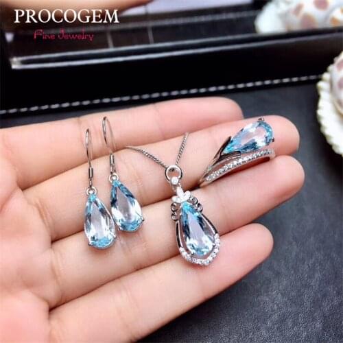 Trendy Natural Blue Topaz Jewelry sets for Women Party Mothers Day gifts Necklace Ring Earrings Real gems 925 Solid Silver #635