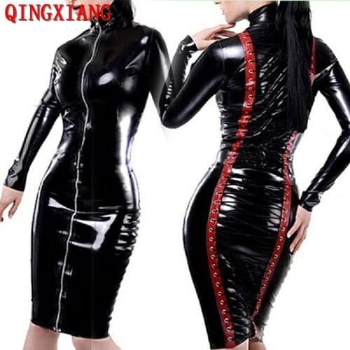 2020 S-2XL Black With Red Faux Leather Night Club High Neck Front Zipper Back Lace Up Outfit PVC Sheath Short Erotic Dress Women