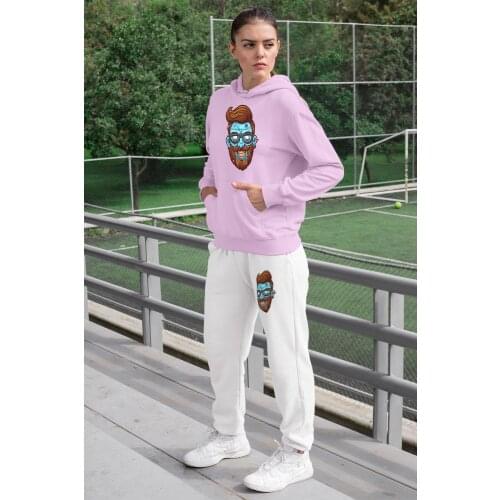 Angemiel Wear Entel Glasses Zombie Women Tracksuit Set Pink Hooded Sweatshirt White Sweatpants