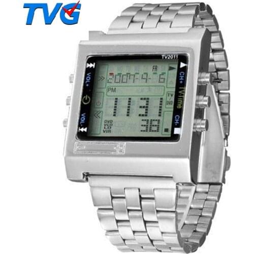 TVG Sports Watches Military Quartz LED Digital Watch Men Alarm TV DVD Remote Mens Stainless Steel Wristwatch Fashion Casual