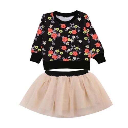 Baby Girls Black Long Sleeve Floral Cotton Tops Sweater+Tulle Dress 2pcs Fashion Girls Clothing Sets