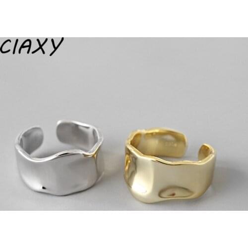 CIAXY 925 Sterling Silver Geometric Smooth Wide Ring Irregular Concave Convex Wave Opening Adjustable Rings for Women Gifts