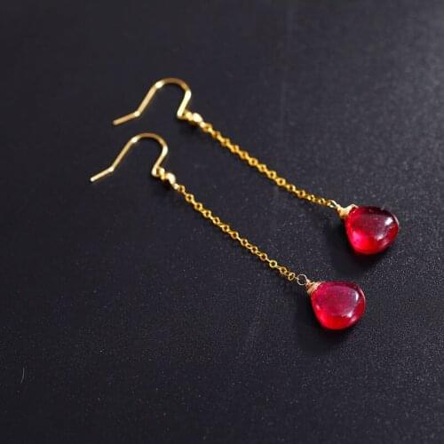 DMBS390 18K Gold Genuine Gemstones Ruby Long Earrings Female Simple To Send Girlfriend Genuine Earrings