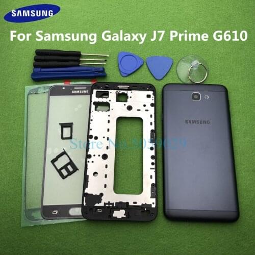For Samsung Galaxy J7 Prime On7 2016 G610 G610F Full Housing Case Bezel Middle Frame Back Cover Battery door + Glass Lens Tools