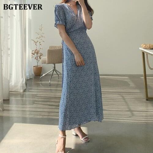 BGTEEVER Elegant V-neck Floral Print Women Chiffon Dress Vintage Ladies Vestidos Short Sleeve One-piece Lace-up Female Dresses