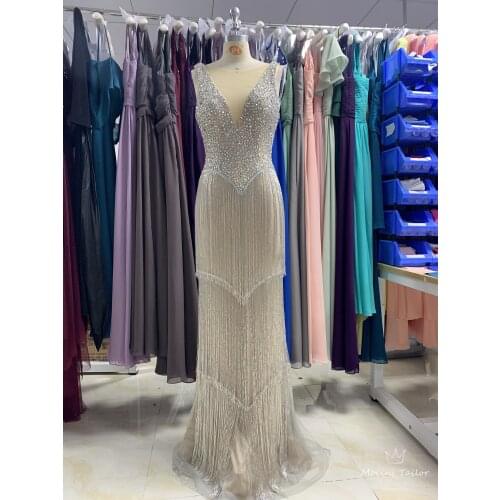 Light Champagne Long tulle Sequins Evening Dress 2020 nice elegant sleeveless Sewing beads luckgirls Customizable mocini tailor