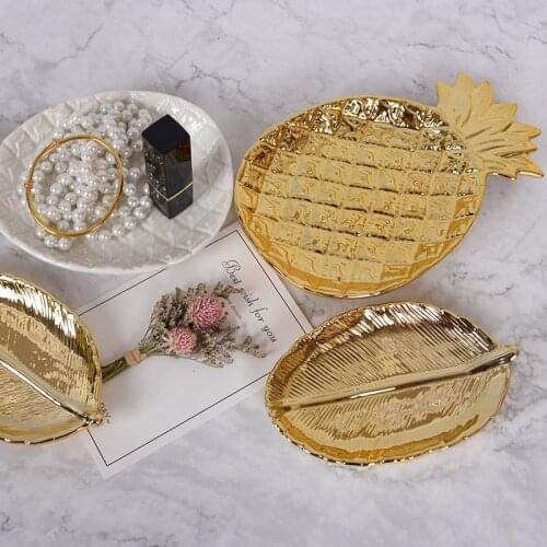 Pineapple Leaf Ceramic Storage Tray Nordic Electroplated Jewelry Sundries Plate Home Decoration Organizer Golden Photo Props