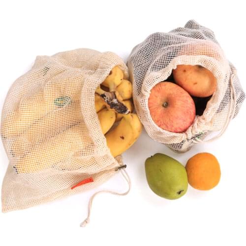 New Reusable Shopping Bag Cotton Vegetable Bag Net Drawstring Washable Kitchen Storage Eco Bag Mesh Shopping Tote Bags