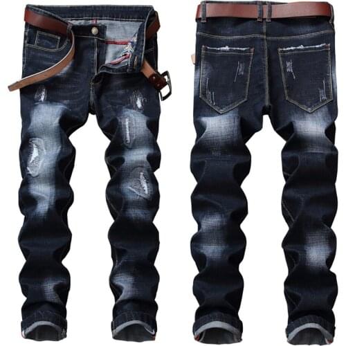 Men’s high quality wash&scratches stretch denim pants slimming ripped blue jeans classic business casual jeans pants
