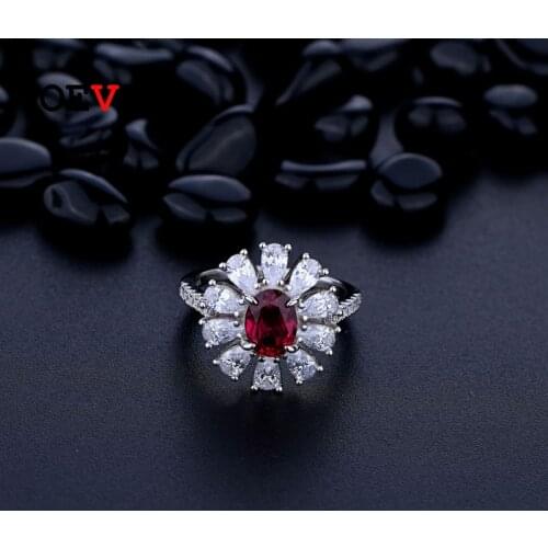 OEVAS 100% 925 Sterling Silver 6*8mm Ruby High Carbon Diamond Flower Rings For Women Sparkling Wedding Party Fine Jewelry Gift
